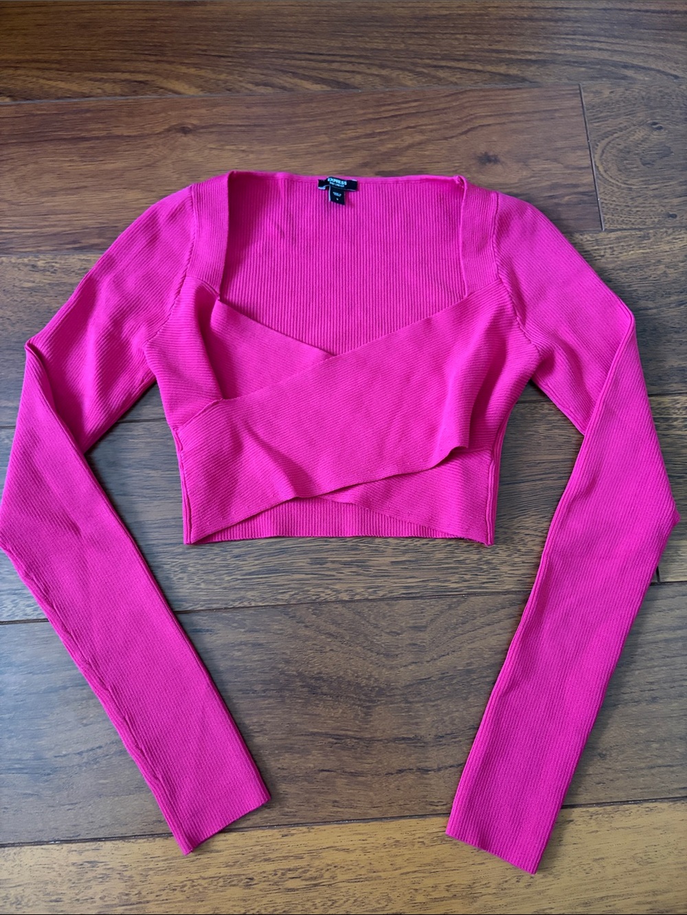 Express Hot Pink Ribbed Long Sleeve Cropped Top